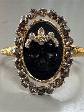 Alexis Bittar Gold and Black Skull Cameo Bracelet with Crystal Halo